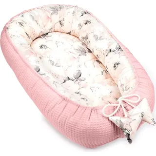 Babynest Neugeborene Nestchen Baby 90x50 cm - Kokon Handmade zweiseitig aus Baumwolle Waffel mit Babynestchen Wilde Rose Rosa - Rosa/Weiß/Grau