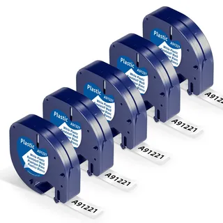Wonfoucs 91221 Bänder Ersatz für Dymo Etikettenband LetraTag 12mm x 4m Kunststoff Schriftband S0721660 Plastik Weiß kompatibel mit Dymo Letratag LT-100H LT-100T LetraTag XR LT-200B, Packung mit 5