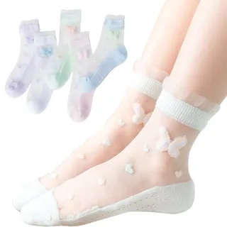 Vepoty Kindersocken 5 Paar Sommer-Kristallseidensocken Ultradünne, transparente Söckchen Atmungsaktive Netzsocken Süße Socken für Mädchen