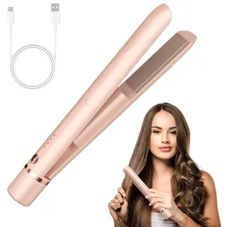 NAVESO Mini Glätteisen Kabellos, Tragbarer Kabelloser Haarglätter, Haarglätter und Lockenstab 2 in 1, MiniHaarglätter mit Akku, Haar glätter Glätteisen, ReiseGlätteisen USB mit 3 Temperaturen, Rosa