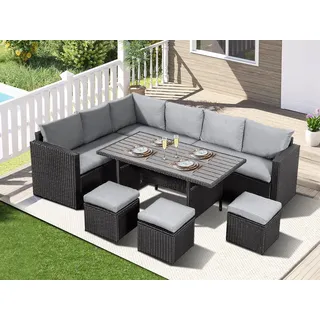 MeXo Gartenlounge-Set Lounge Gartenmöbelset für 8-10 Personen, (Rattan Gartenmöbel Set, L-form, Wetterfest & Modular, 7-tlg., 8cm breitere Armlehnen), Outdoor Garten Möbel Set, Tisch mit Stauraum, Terrasse & Wintergarten grau|schwarz