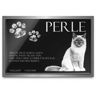 Premium Tier Grabstein aus edlem Hochglanz Acrylglas und Edelstahl | 100% witterungsbeständig Grabplatte mit Foto Bild Text Gravur 30x20 cm Gedenktafel für Haustiere Hund Katze mit über 40 Motiven