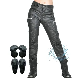 SHUOJIA Motorradhose für Damen, wasserdicht beschichtete Motorradjeans mit Protektoren, Stretch-Motorradbekleidung, Jeans mit mehreren Taschen (Black-A,L)