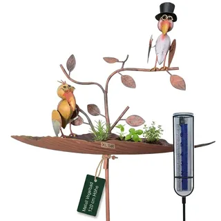 Oberle Vogeltränke XL auf Stab 120 cm - Vogelbad Metall mit Regenmesser - Wildvogeltränke Blattform wetterfest - Gartenstecker Vogelbecken - Wassertränke für Wildvögel
