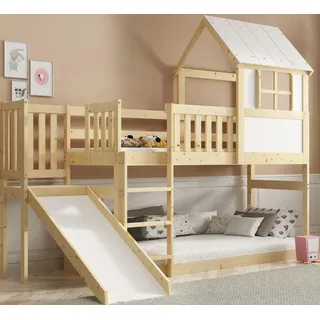 Interbeds Hochbett 90x200 cm mit Rutsche und Treppen Etagenbett Stockbett Holzbett Kinderbett mit Lattenrost Spielbett für Kinder Jugendbett aus Massivholz mit Sicherheitsgeländer (Mit Rutsche)