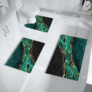 Badvorleger Set Marmor Grünem Gold Badezimmermatte Diatomite Badezimmerteppich Bad Teppiche Set Waschbar WC Teppich rutschfeste Badematte Wasseraufnahme Badgarnitur 3 Stücke