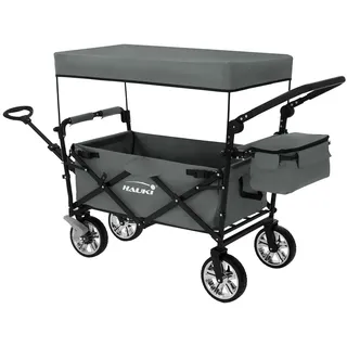 Hauki Bollerwagen XXL faltbar Grau – Handwagen mit Dach & Tasche, klappbar zum Schieben oder Ziehen, Kinder Transportwagen mit PU-Rädern & Bremse, 120
