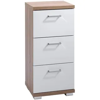 byLIVING Seitenschrank Nebraska/Sonoma Eiche-Optik hell-braun / 3 Schubkästen Hochglanz weiß lackiert/Kleiner Badschrank mit 3 Schubladen und silberfarbenen Griffen/B 35,5, H 74, T 31,5 cm