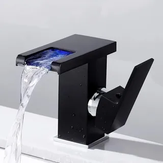 Modernes Design Wasserfall Bad Wasserhahn Waschbecken Wasserhahn, Schwarz, Langlebige Led Warm- Und Kaltwasser Einstellbar Mumu