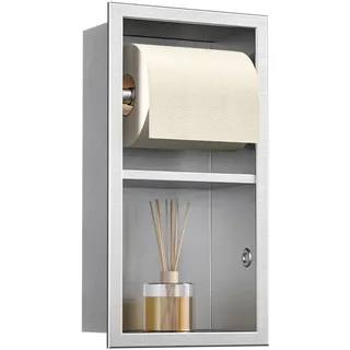 Bernkot Unterputz-Toilettenpapierhalter Edelstahl, Badezimmerschrank mit Toilettenpapierhalter Halterung, Klopapierhalter mit aufbewahrung, 34×18×10cm, Silber