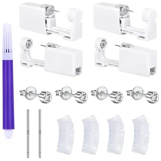 4-in-1 Ohrloch Stechen Set Professionell, 4x Ohrlochpistole mit eingebauten Ohrsteckern, 2x 925 Silber Ohrstecker, 100x Wasserfeste Ohrschützer, 1x Markierstift, Steriles Ohr Piercing Set für Selber M
