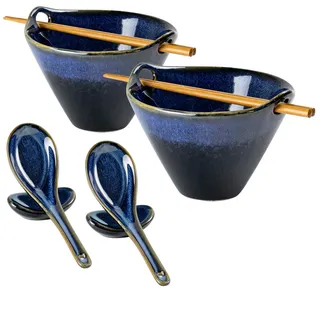 Ramen Nudel Suppenschalen, 2 Sätze Keramik Ramen Schüssel Mit Essstäbchen, Löffel und Löffelruhe, Japanisches Geschirr Snackschale Bowl Set für Asiatische Nudeln - 2 X 600 ml, Blau