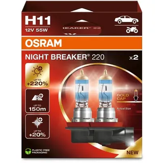 Osram Night Breaker 220, H11, 220% mehr Helligkeit, Halogen-Scheinwerferlampe, 64211NB220-2HB, Faltschachtel (2 Lampen), white