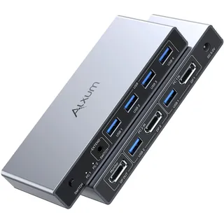 Alxum 8K@60Hz DisplayPort KVM Switch, DP KVM Switch für 2 PCs und 1 Monitor, 4 Port USB Switch für Tastatur, Maus, Mikrofon, Festplatte, Drucker und Kopfhörer, 2 USB-B-Kabel, DC 5V-Netzteil