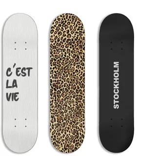 TwoDays Stockholm-Stil Skateboard-Wanddekoration, modernes Wandhalterungs-Kunst-Set für Herrenwohnung & Wohnheim, cooles Geparden-Druck, Skate-Deck, trendiges Skater-Raum-Design (3er-Set)