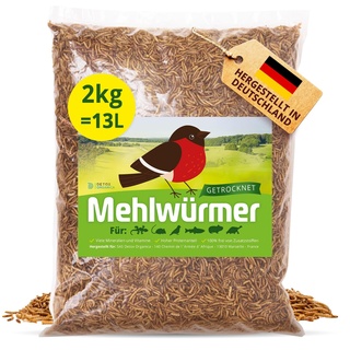 Mehlwürmer Getrocknet, 2Kg (13L) getrocknete Mehlwürmer mit sehr hohem Proteingehalt, Würmer für Reptilien, Vögel, Wildvögel, Igel, Fische, Schildkröten & Nager – Premium Qualität