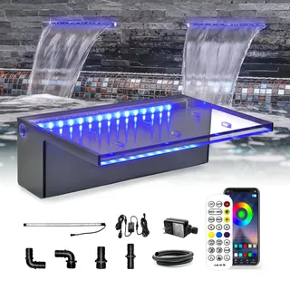 LONGRUN Wasserfall Überlauf APP Kontrolle Mehrfarbig LED-Licht Draussen Pool Brunnen, Acryl Wasser Überlauf Koi Teich Wasserfälle Brunnen Kit für Garten Terrasse Schwimmbad Dekoration -30 cm