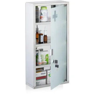 Relaxdays Medizinschrank, 4 Fächer, HBT: 57 x 27 x 12 cm, abschließbarer Medikamentenschrank, Edelstahl, Glastür, Silber
