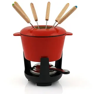 BBQ-Toro | 13-teiliges Gusseisen Fondue Set für 6 Personen 1 L emailliert) Rot