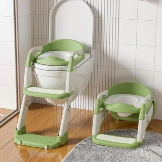 3 IN 1 Toilettensitz Kinder, Toilettenleiter für Kinder mit Treppe | 5 Verstellbare Positionen, PVC Gepolsterter & Griffe, Rutschfest & Spritzschutz, Faltbar und Leicht, für Jungen Mädchen Baby