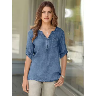 Kurzarmbluse CLASSIC BASICS, Damen, Gr. 48, blau, 100% Viskose, gemustert, unifarben, Rundhals, Blusen