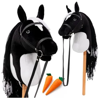 hoofly Hoofly® Hobby Horse Pferde – Großes Steckenpferd für Kinder A3 mit Trense & 40 cm Schraubstab | Realistisches & weiches Stockpferd Schwarz (Schecke) | Hobby Horsing Pferd in 4 liebevollen Farben