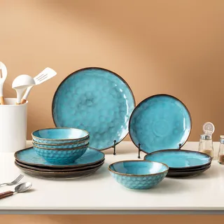TAOCIGOU Camping Geschirr Set 4 Personen, Steingut Geschirr Set 12tlg, Porzellanservice mit Essteller, Dessertteller, Müslischalen, mikrowellen- und spülmaschinenfest (Blau)
