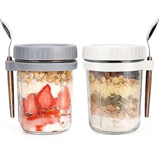 PIQIUQIU 2 Stück Haferbehälter,Overnight Oats Gläser, mit Deckel und Löffel, 400ml Müslibecher to go, Joghurtbecher to go, Haferbecher, für Milch-Joghurt-Früchte