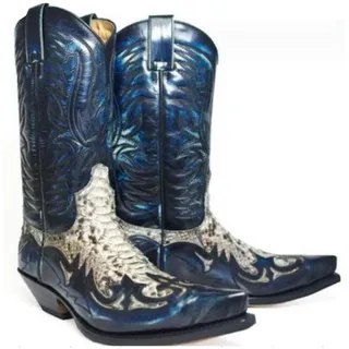 SIULAS Western Cowboy Stiefel - Low Heel Mid Tube Ritter Stiefel - Vintage Leder Stickerei Western Cowboy Biker Stiefel,Blau,45 - 45 EU