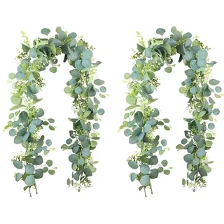 SHENRUZENG 2 Stück Eukalyptus Girlande Deko, 1,8m Künstliche Efeu Girlande | Eucalyptus Pflanze Hängend, Blumengirlande Künstlich Pflanzen, Grüne Blätter, für Hochzeit Garten Indoor Outdoor Deko