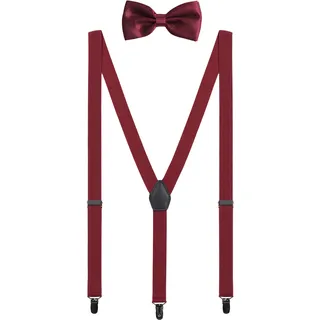 WANYING Herren Hosenträger Fliege Set - 3 Schwarz Clips Y Form 2,5cm Hochelastisch Hosenträger für Herren 150-200cm - Bordeaux Rot - für Körpergröße 150-200cm (2,5*120cm)