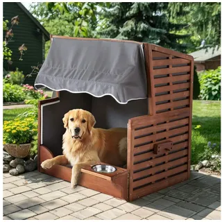 Wohnando Strandkorb Hundstrandkorb "Buddy", Haustier Zubehör Sommer 75x65x95cm (BxTxH), (1-tlg), Hundehütte, inkl. Wassernapf, Schattenplätzchen, Gartenmöbel braun