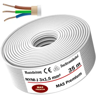 MAS Premium Feuchtraumkabel Stromkabel 5-200m Mantelleitung NYM-J 3x1, 5 2,5 4 6 10 oder 5x1,5 2,5 4 6 10 16 Elektrokabel für feste Verlegung (NYM-J 3x1, 5 mm2, 35m)