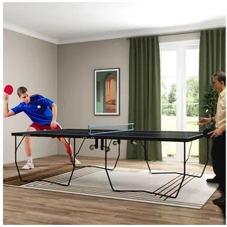 sportnow Tischtennisplatte, Klappbar Tischtennistsich mit Netz, Rollen, 2 Tischtennisschlägern und 3 Bällen, Stahl, Schwarz, 274 x 152,5 x 76 cm
