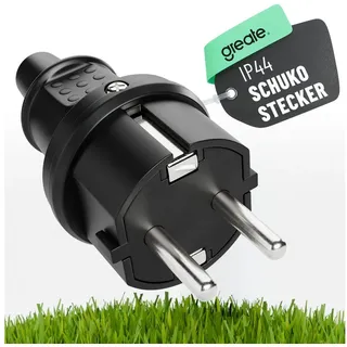 greate Schuko Stecker mit Knickschutz - Gummi mit Zugentlastung, 2-polig, 230V, 16A & 3,7kW - IP44 Schukostecker Außenbereich schwarz - Schutzkontakt Stecker 230V