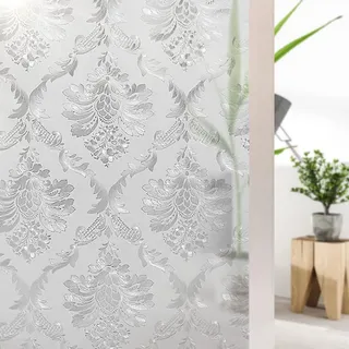 Shackcom Fensterfolie Sichtschutz Selbsthaftend 44.5x200cm Blickdicht Milchglasfolie Sichtschutzfolie Statisch Haftend Anti-UV Dekorfolie mit Damaskus Blumen Muster für Küche Wohnzimme Badezimmer-J023