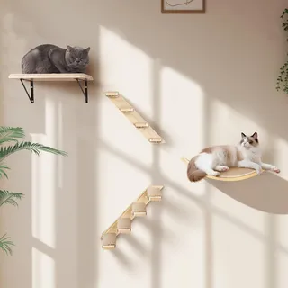 Katzen Kletterwand, Katzentreppe Wand Set mit 2 Stufen Quadratischer & Gebogenen Plattformen, Wandmontiertes Holz Katzenwandmöbel Set für Klettern Spielen Schlafen
