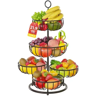 PouHenier.jh 5 Etagen Schwarz Obstkorb Obstschale, Groß Mehrstöckig Küche Gemüsekorb, Hoch Metall Obst Gemüse Etagere Aufbewahrung Obstregal, Modern Stabiles Eckig Obstbehälter, Einfache Einrichtung
