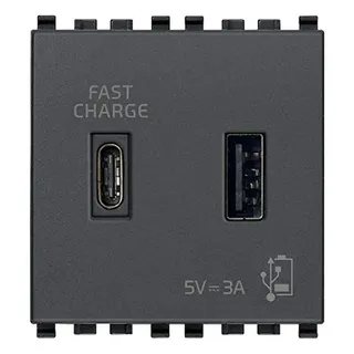 Vimar 20295.AC Eikon USB-Netzteil für elektronische Geräte, 1 USB Typ A und 1 USB Typ C, liefern insgesamt 3A zum Laden, Spannungsversorgung 120-240 V, 2 Module, grau