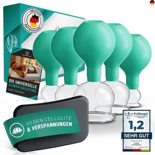 kurglas [Das Original] Schröpfgläser aus Echtglas [5 Stück] - Medizinische Schröpfen mit Saugball & Faszienschaber - mit starker Saugleistung - Schröpfset mit e-Book - Gegen Verspannungen & Cellulite