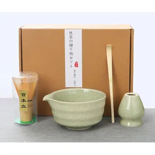 Matcha Set 4-teilig – Japanisches Matcha Tee Set mit Keramik Schale, Bambus Besen, Besenhalter & Chashaku – Matcha Zubehör Komplettset, Geschenk für Anfänger (Grün)