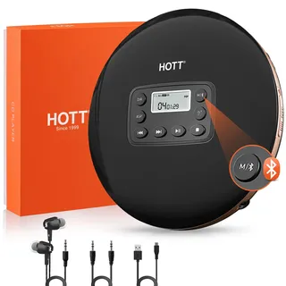 HOTT CD Player Tragbar, Tragbarer CD Player mit Bluetooth, 1000mAh Aufladbar CD-Player mit Kopfhörer und AUX Linie Kompatibel mit CD, MP3, CD-R, CD-RW, Discman CD-Player mit Stoßschutz für Autos