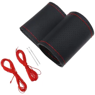 Lenkradbezug Lenkradhülle zum Schnüren Perforiertes Schwarz Echtes Leder mit 2 Nadeln 2 Bündel Roter Faden für Lenkrad Durchmesser 37-38 cm