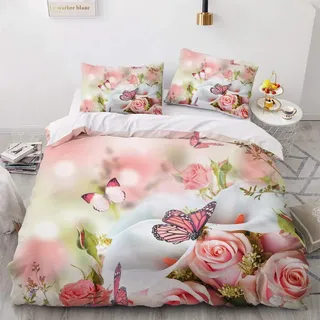 Luowei Bettwäsche 220x240cm Rosa Rose&Schmetterling Blüten Bettbezug Set 3 Teilig Weiche Microfaser Vintage Floral Blumen Bettbezug mit Reißverschluss und 2 Kopfkissenbezüge 80 x 80cm