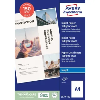 Avery Zweckform 2579-100 Business Inkjet Papier (100 Blatt, 150 g/m2, DIN A4, mattes Druckerpapier, einseitig beschichtet, sofort trocken & wischfest, Flyerpapier für Inkjet-Drucker) weiß