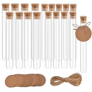 18 Stück Reagenzglas mit Korken, Kunststoff Reagenzgläser mit Korken, Transparent Reagenzglas Vase für Blumen Liquids DIY Süßigkeiten, 20x150 mm(30ml)/16x150 mm(15ml), mit 5 m Hanfseil, 18 Etiketten