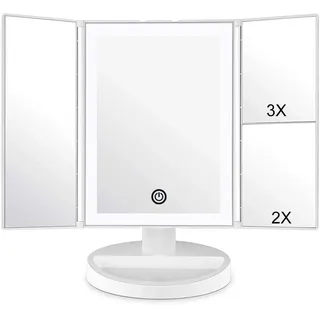 WEILY Schminkspiegel mit LED-Beleuchtung und Touchscreen, Vergrößerung 1X/2X/3X, Drehung um 180 °, batteriebetrieben und über USB betrieben (weiß)