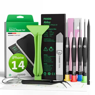 GIGA Fixxoo® Handy Akku Reparatur Set für iPhone 14 [inkl. Werkzeug-Kit & Anleitung] - Original Akkukapazität - Ersatzakku für einen einfachen Austausch (iPhone 14)
