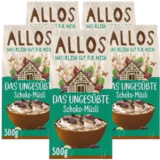 Allos Schoko-Müsli ohne Zucker | Bio Müsli mit Haferflocken | 5x500g | Müsli mit Schokolade | ohne Zuckerzusatz | mit Haferflocken | vegan