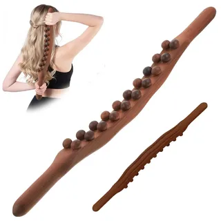Shiva Gua Sha Wooden Therapy Stab - 58cm Naturholz Gua Sha Stab mit 20 Massageperlen für Rücken, Schultern, Faszien & Muskelentspannung | Massagestab Holz für Maderotherapie & Wellness